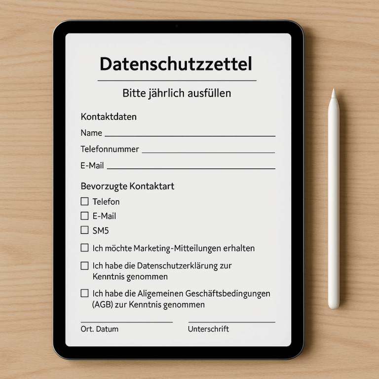 ChatGPT Image 16. Aug. 2025 14 24 49 Wir lieben Haare Tablet mit geöffnetem Datenschutzzettel zur jährlichen Datenbestätigung, daneben ein weißer Stylus auf Holzuntergrund