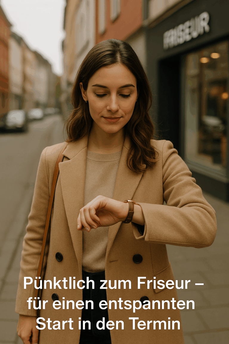 ChatGPT Image 22. Aug. 2025 13 06 23 Wir lieben Haare Junge Frau in beigem Mantel blickt auf ihre Armbanduhr vor einem Friseursalon in der Stadt